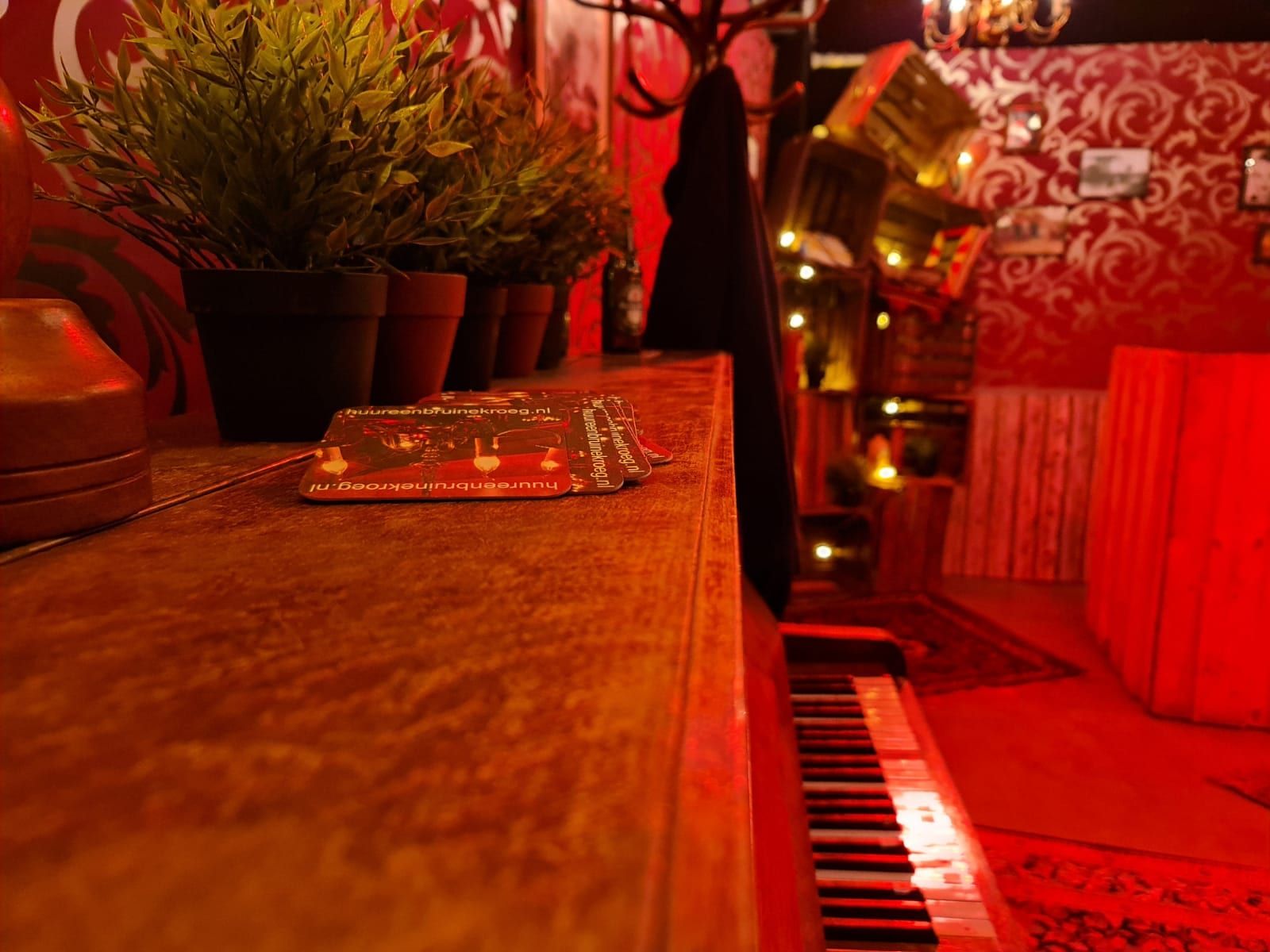 Pianotoetsen en plantjes in het warme licht van de kroeg